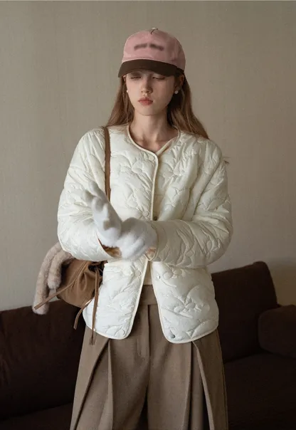 Round Neck Quilted Jacket Women Casual Outerwear