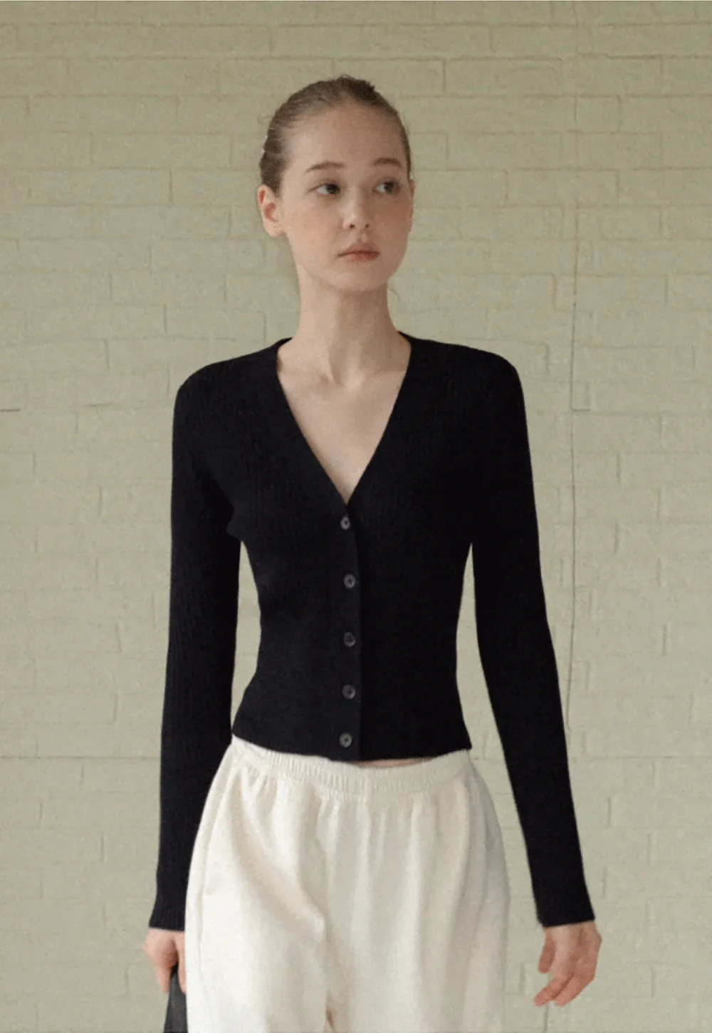 Women’s Ribbed V-Neck Cardigan with Button Detail