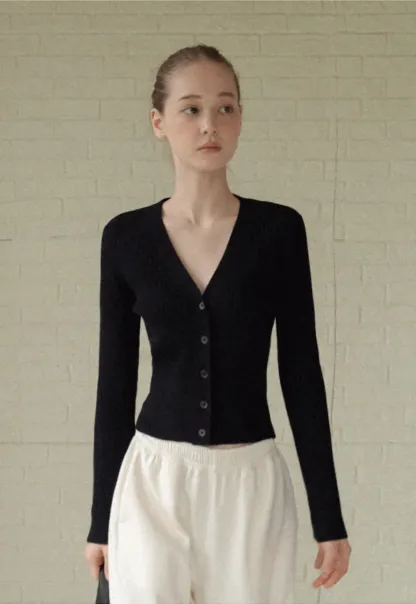 Women’s Ribbed V-Neck Cardigan with Button Detail