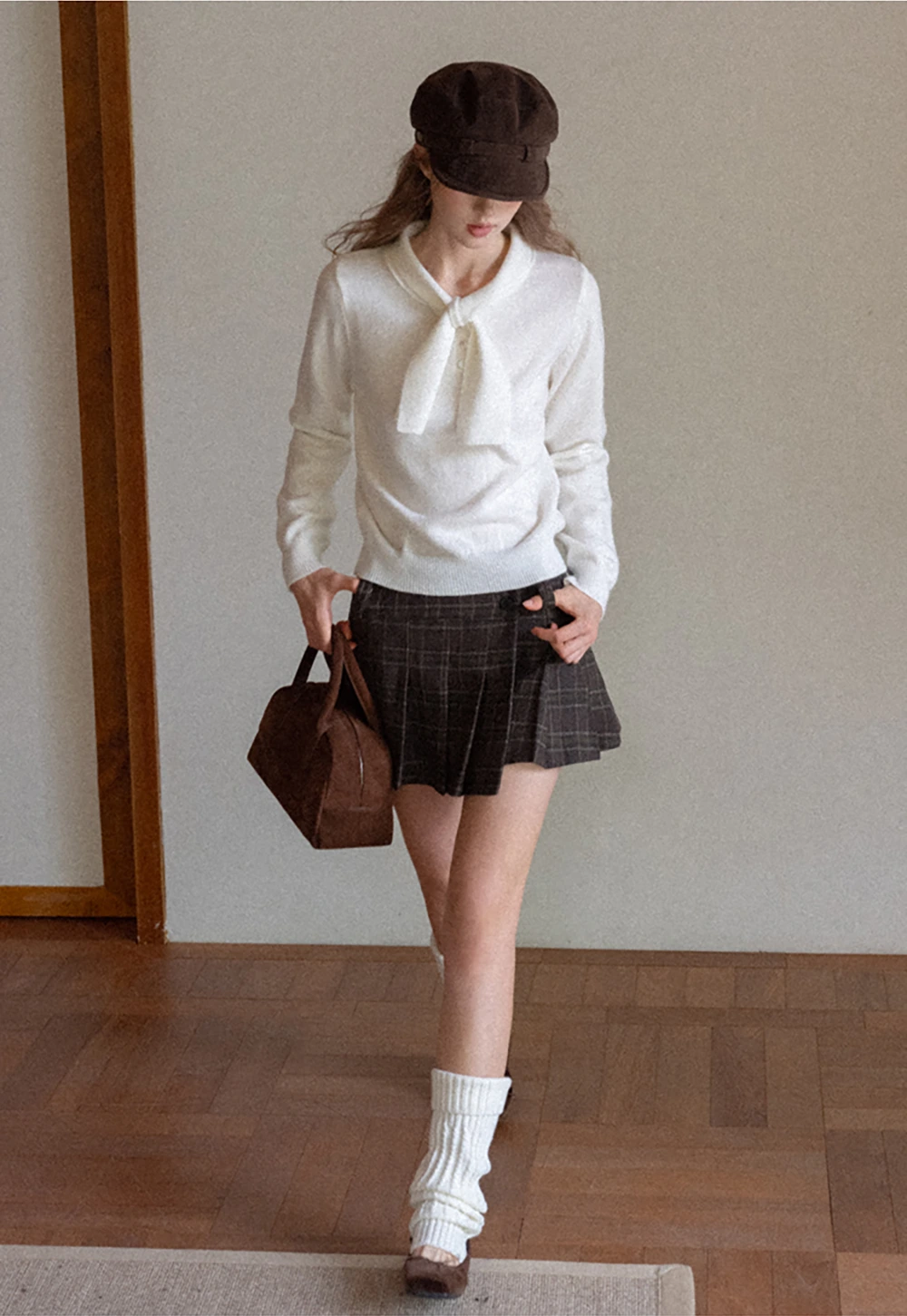 Womens Plaid Pleated Mini Skirt with Button Detail