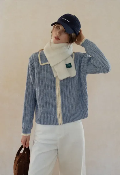 Contrast Trim Zip-Up Knit Cardigan
