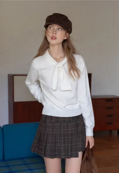 Womens Knit Sweater with Tie Neck