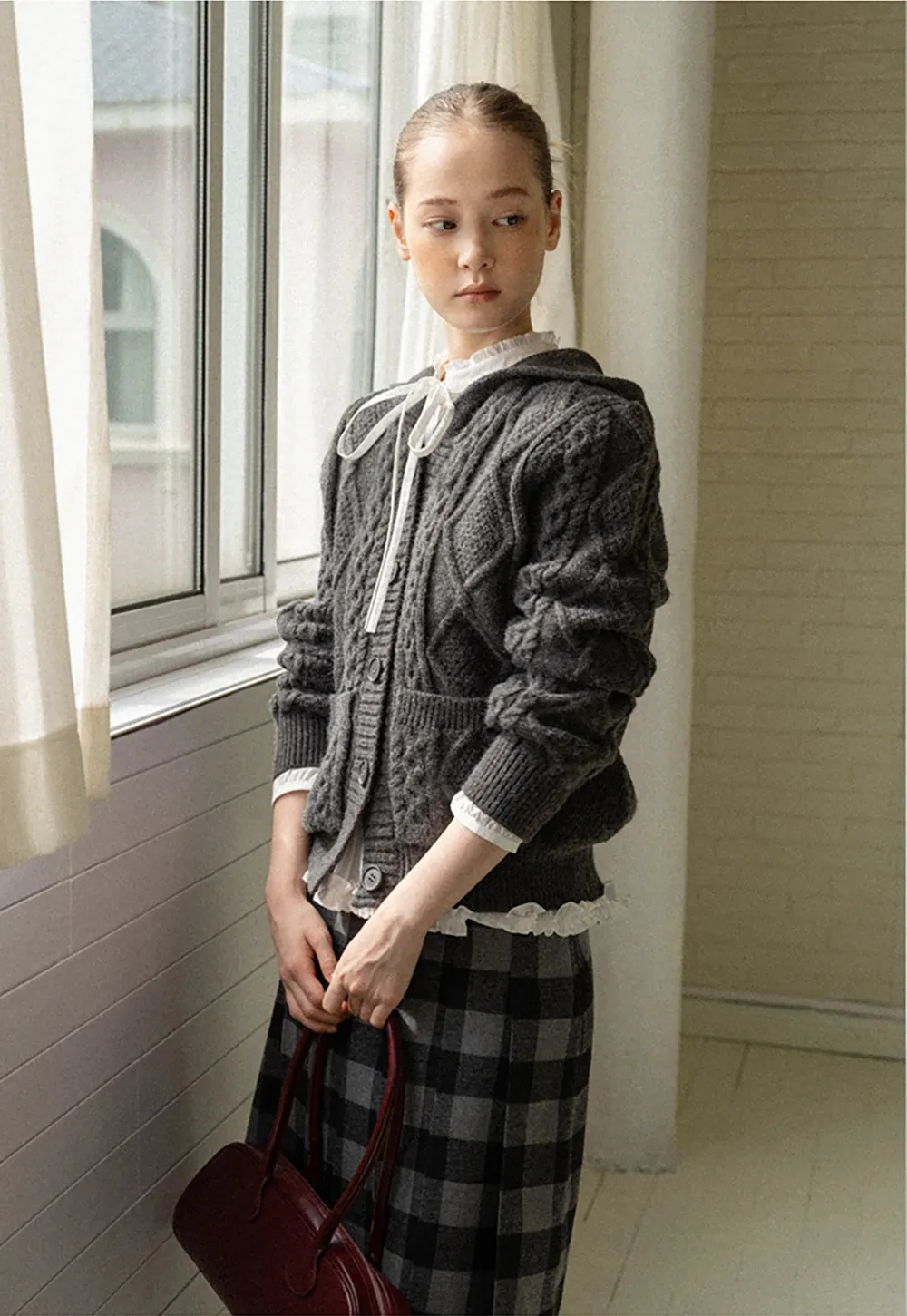 Classic Cable Knit Cardigan with Hood and Button Closure