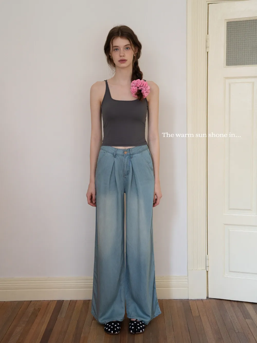 Relaxed Pleated Wide-Leg Denim Trousers