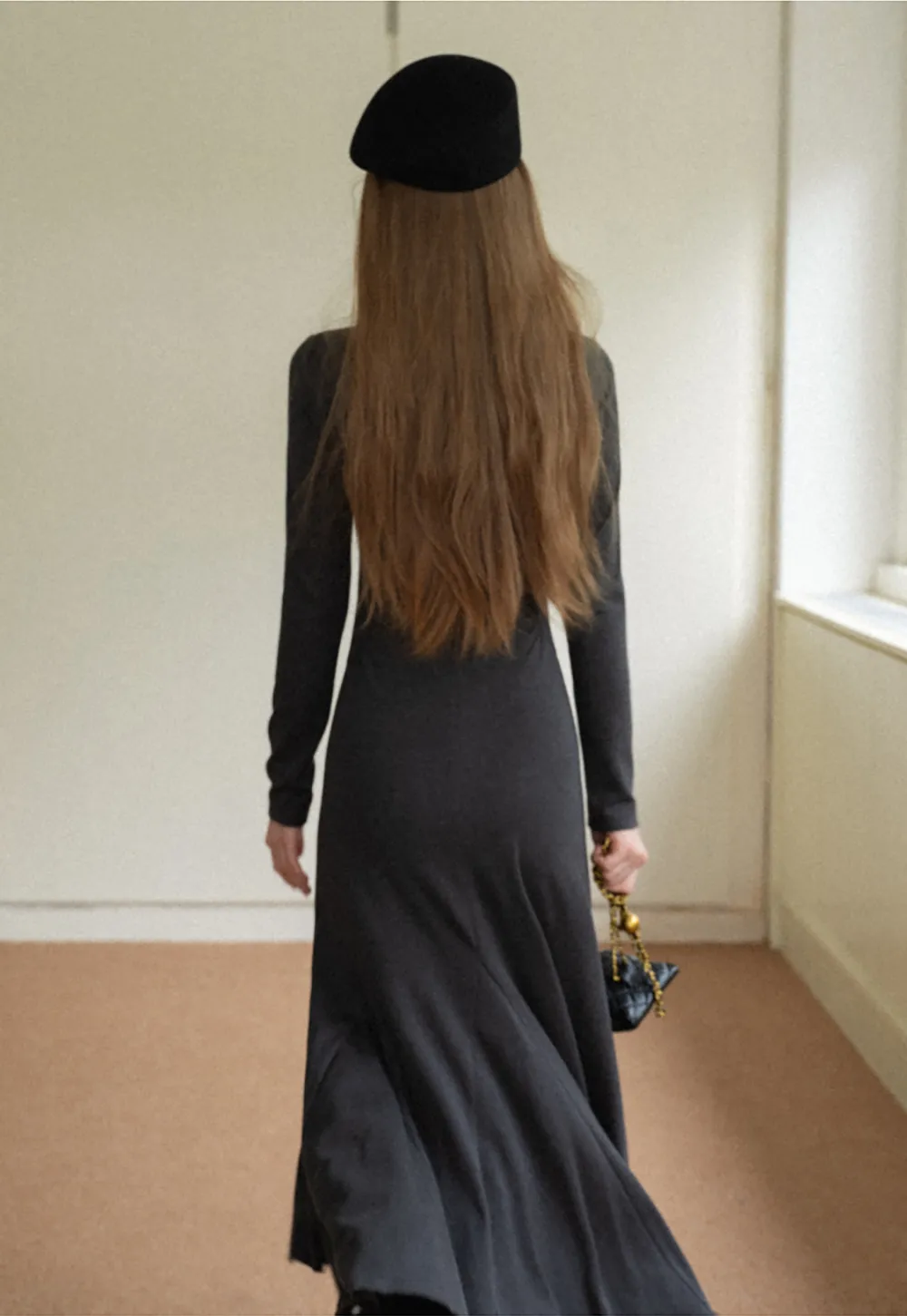 Ruched Waist Long Sleeve Midi Dress