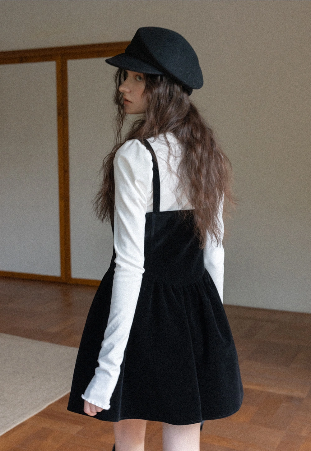 Women Black Velvet Pinafore Dress with Tie Front and Adjustable Straps