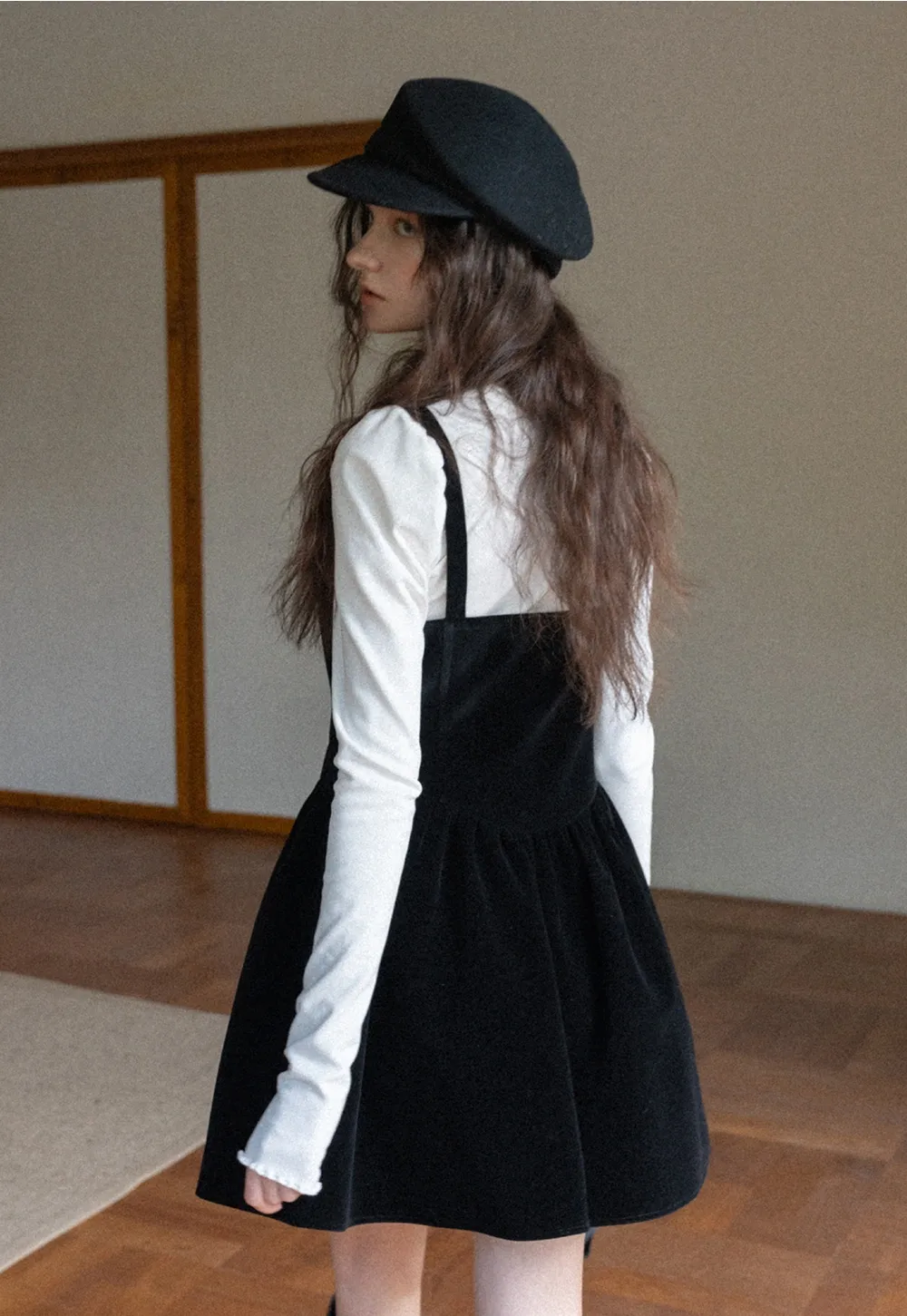 Women Black Velvet Pinafore Dress with Tie Front and Adjustable Straps