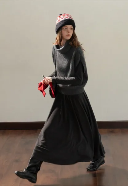 Women Knit Turtleneck Shawl and Long Sleeve Dress