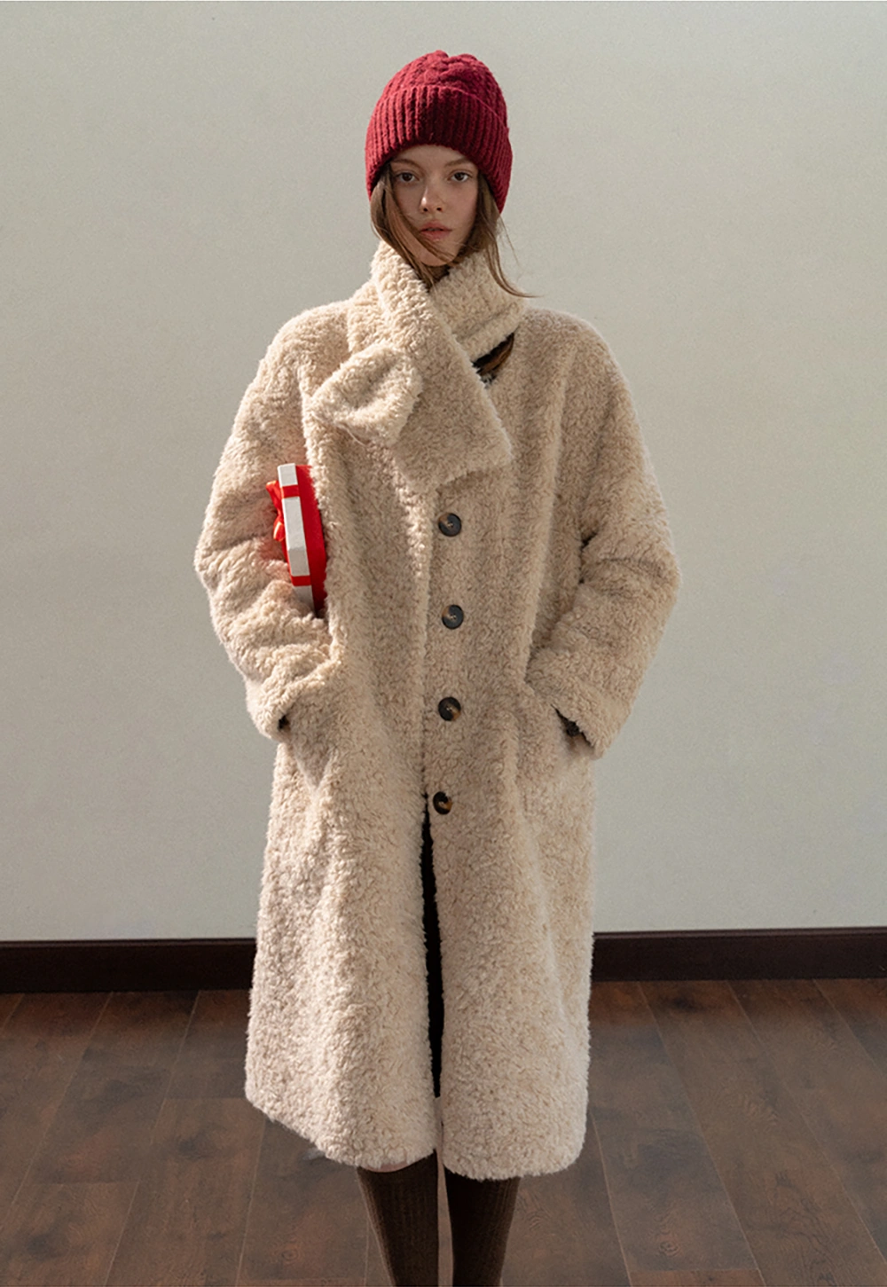 Women Long Fuzzy Teddy Coat with Attached Scarf