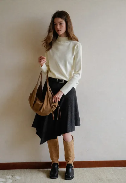 Asymmetric Wool-Blend Midi Skirt