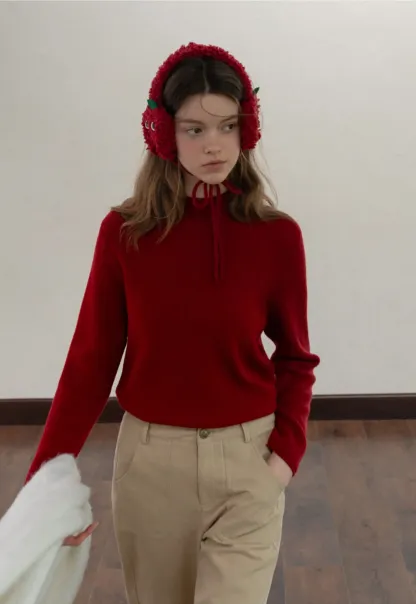 Stand-Collar Ribbed Fleece Knit Top