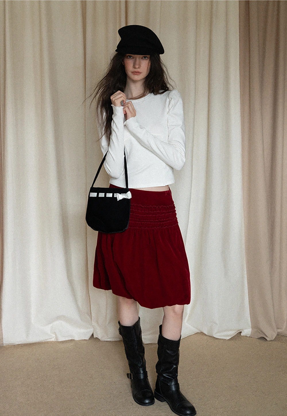 Women Velvet Bubble Skirt with Ruched Waist Design