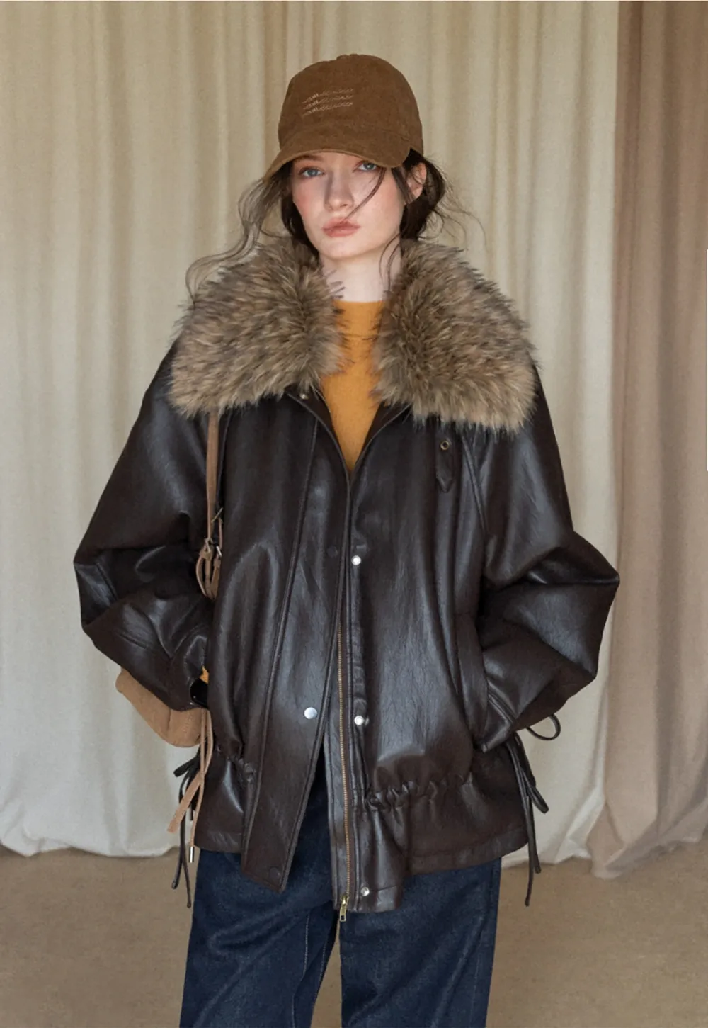Casual Winter Faux Leather Coat with Soft Fur Collar