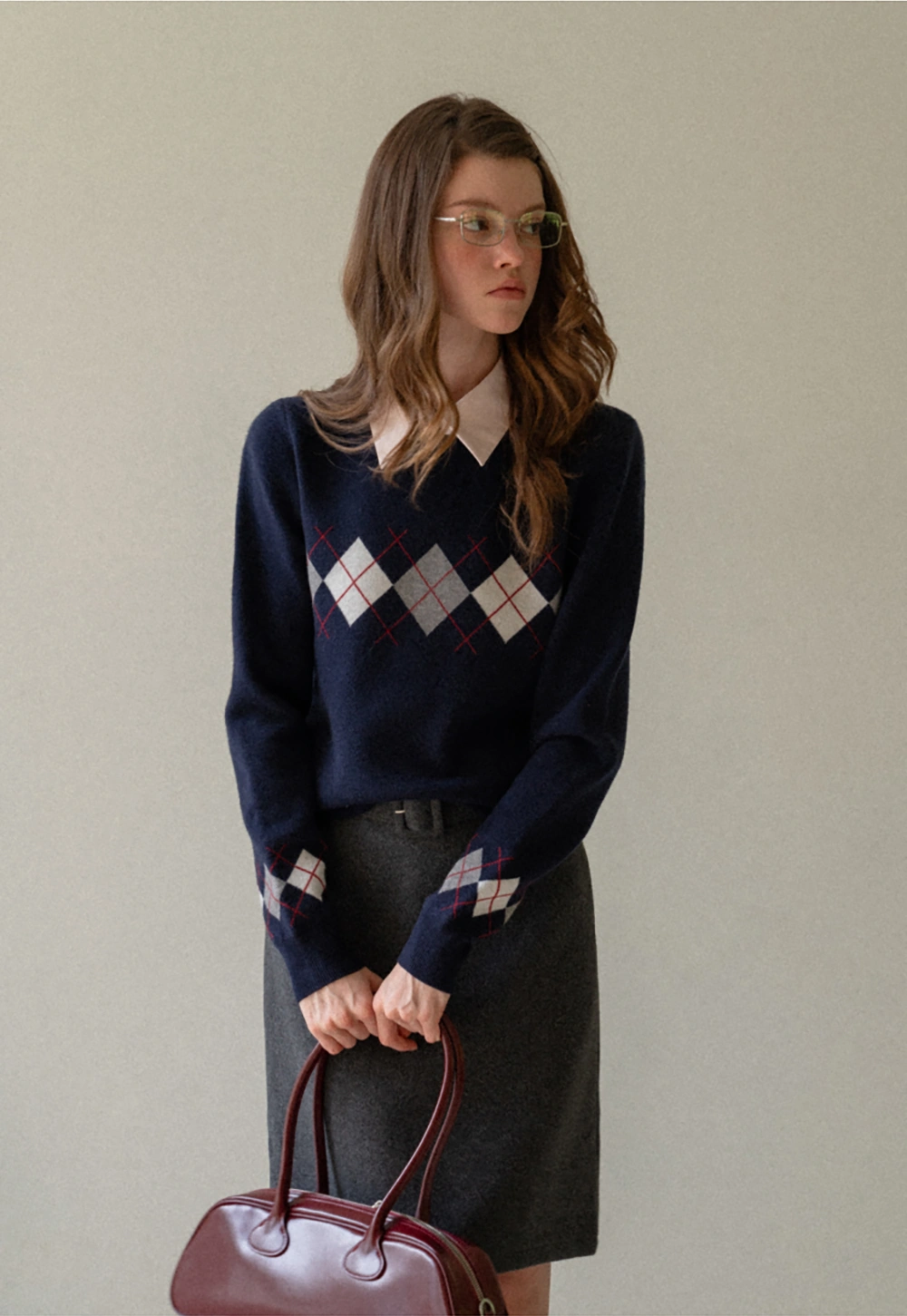 Navy Blue Sweater with Argyle Pattern for Women