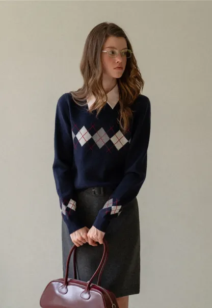 Navy Blue Sweater with Argyle Pattern for Women
