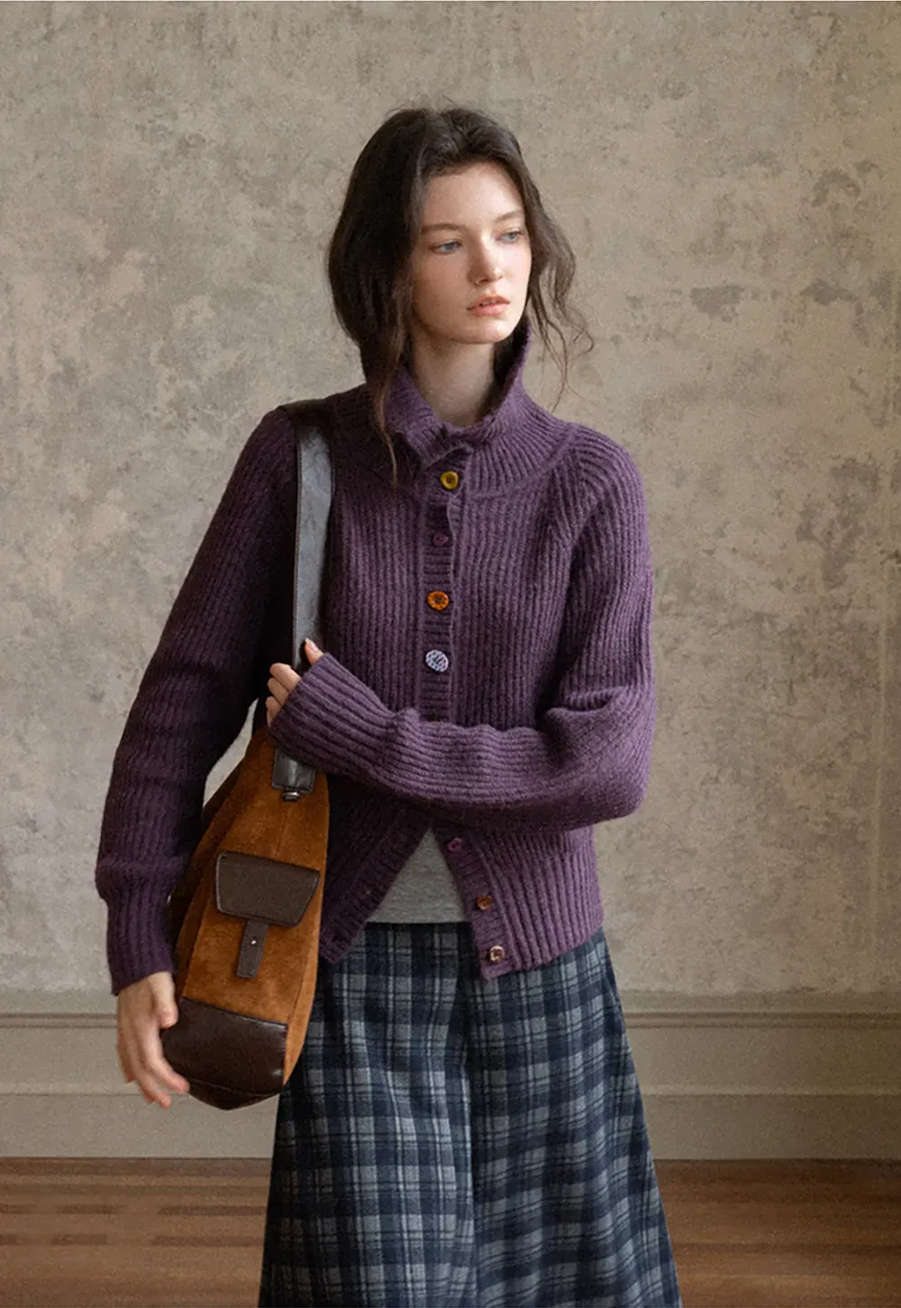 Color Button High Neck Ribbed Cardigan