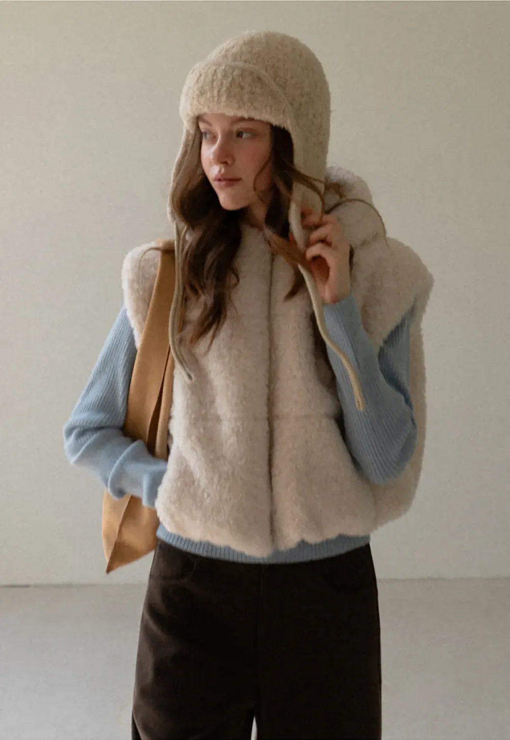 Faux Shearling Zip Vest in Beige