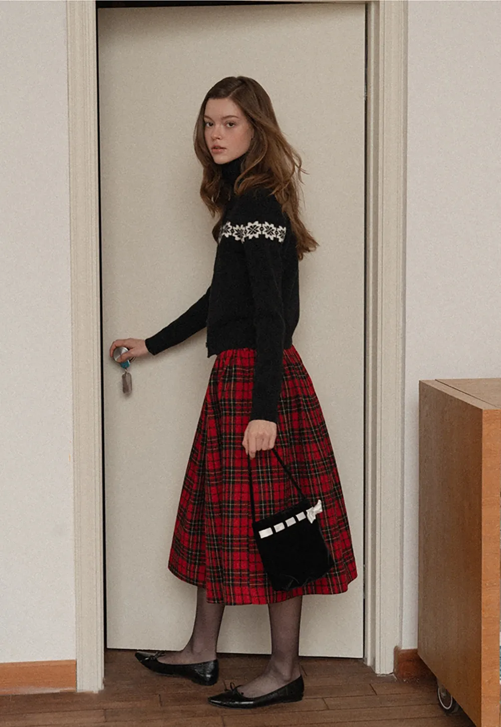 Plaid Midi Skirt with Elastic Waist for Women