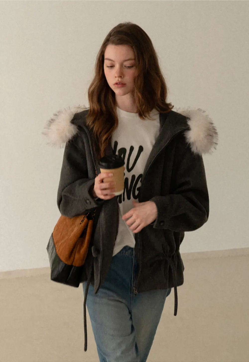 Faux-Fur Trim Hooded Charcoal Jacket