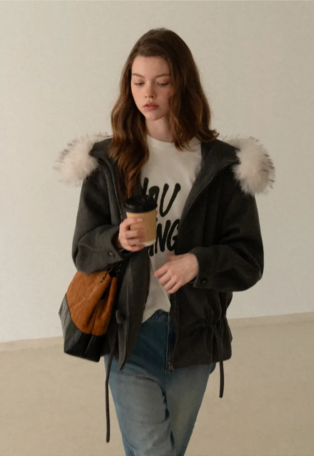 Faux-Fur Trim Hooded Charcoal Jacket