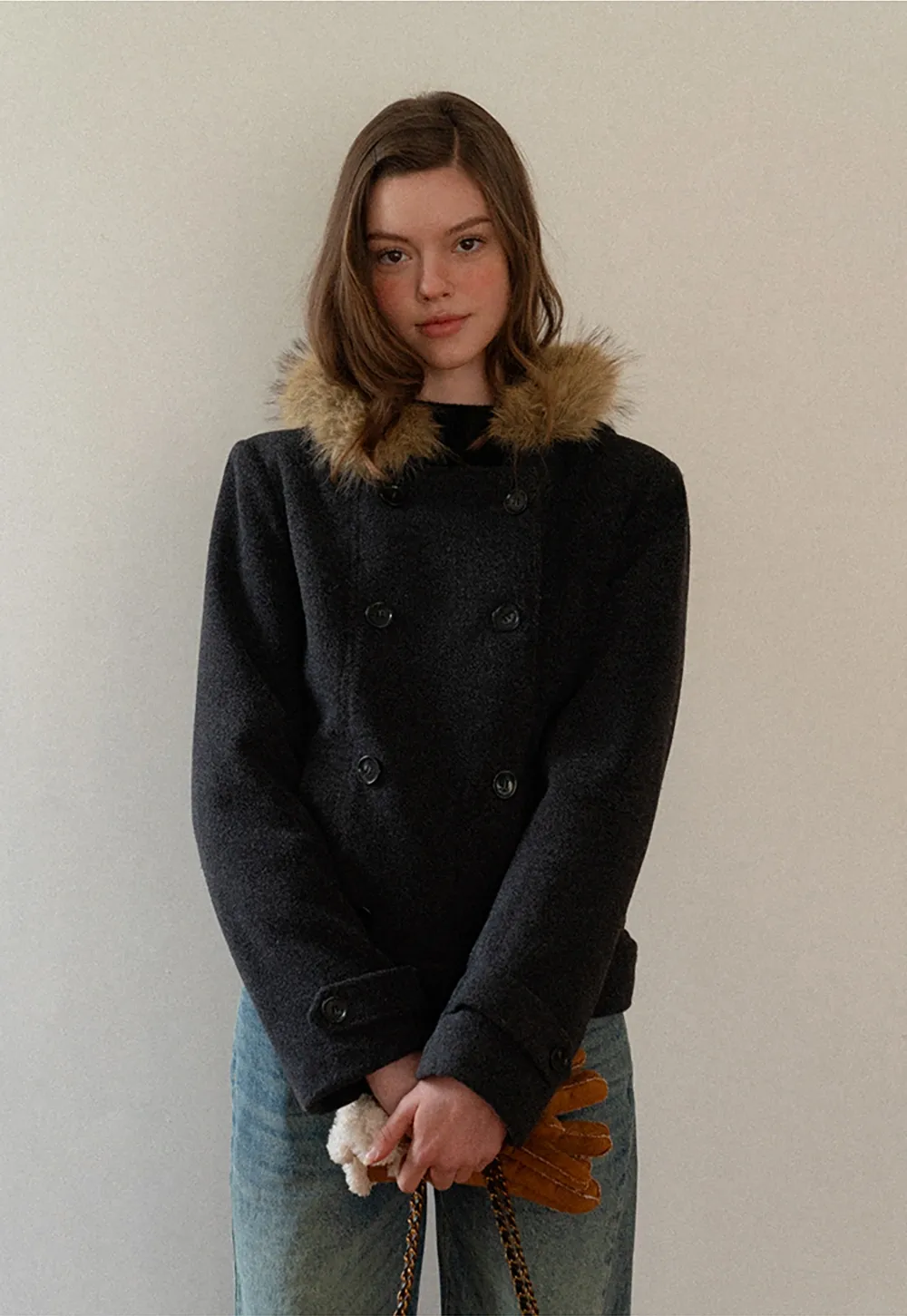 Hooded Wool Coat with Quilted Lining and Wool Collar