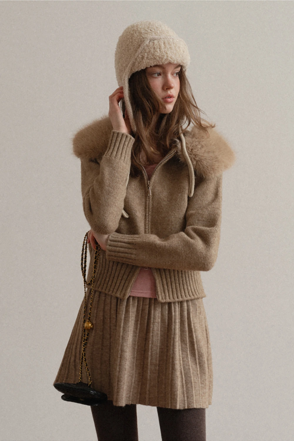 Zip Sweater and Pleated Skirt Combo