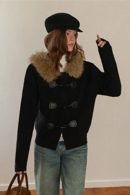 Faux Fur Hooded Cable Knit Sweater