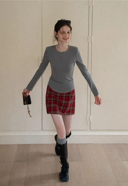 Plaid Mini Skirt and Knee-High Boots Casual Style