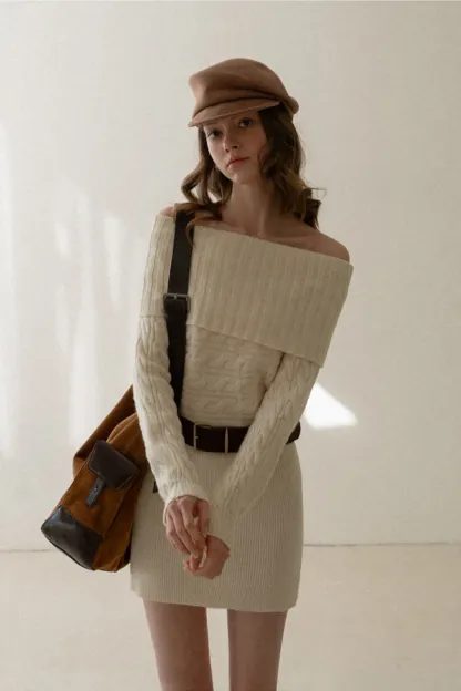 Off-Shoulder Cable Knit Waist-Cinching Dress