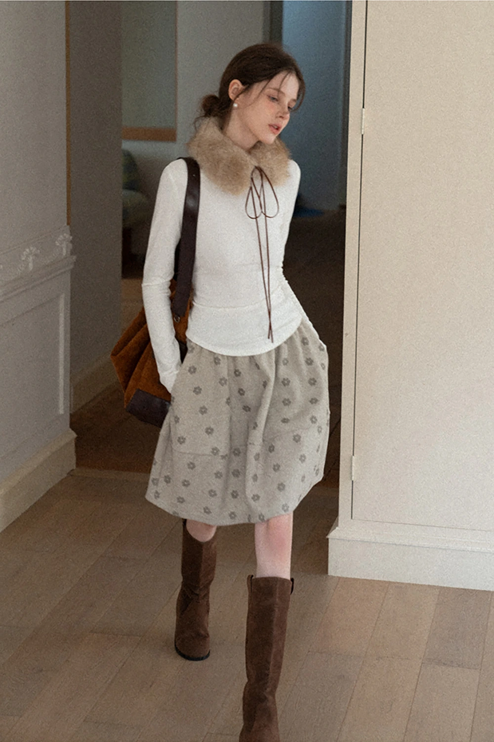 Floral Print Woolen Puff Skirt