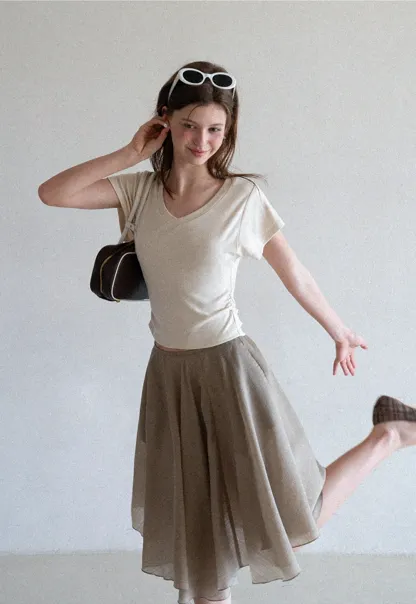Side Ruched V Neck Short Sleeve T Shirt