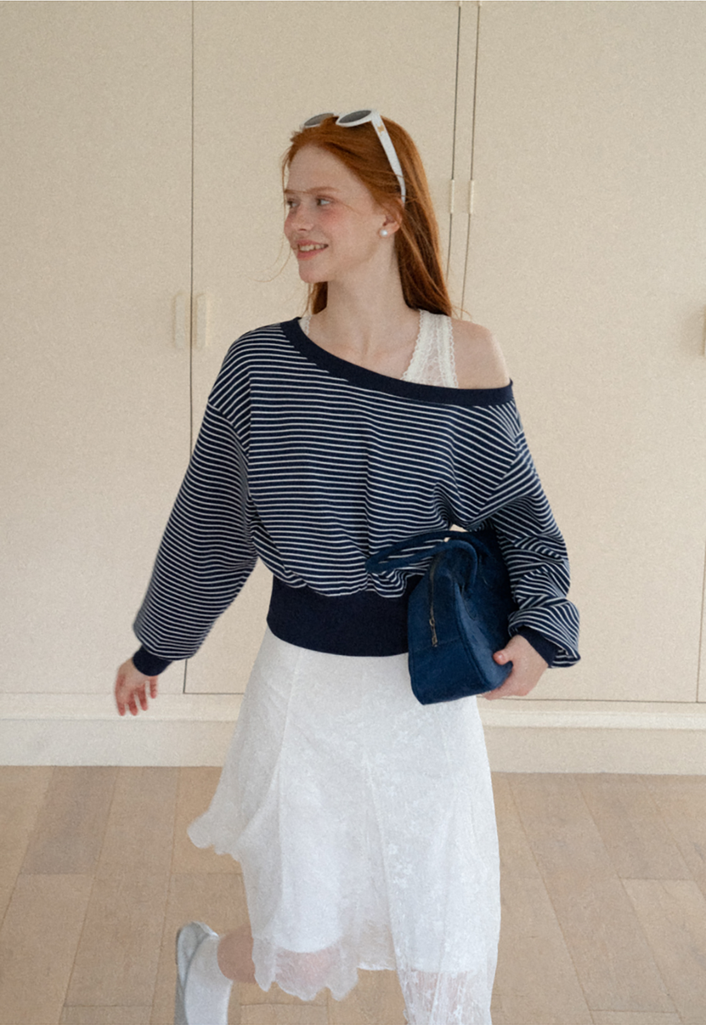 Off-the-Shoulder Striped Sweatshirt and Lace Tank Top Set