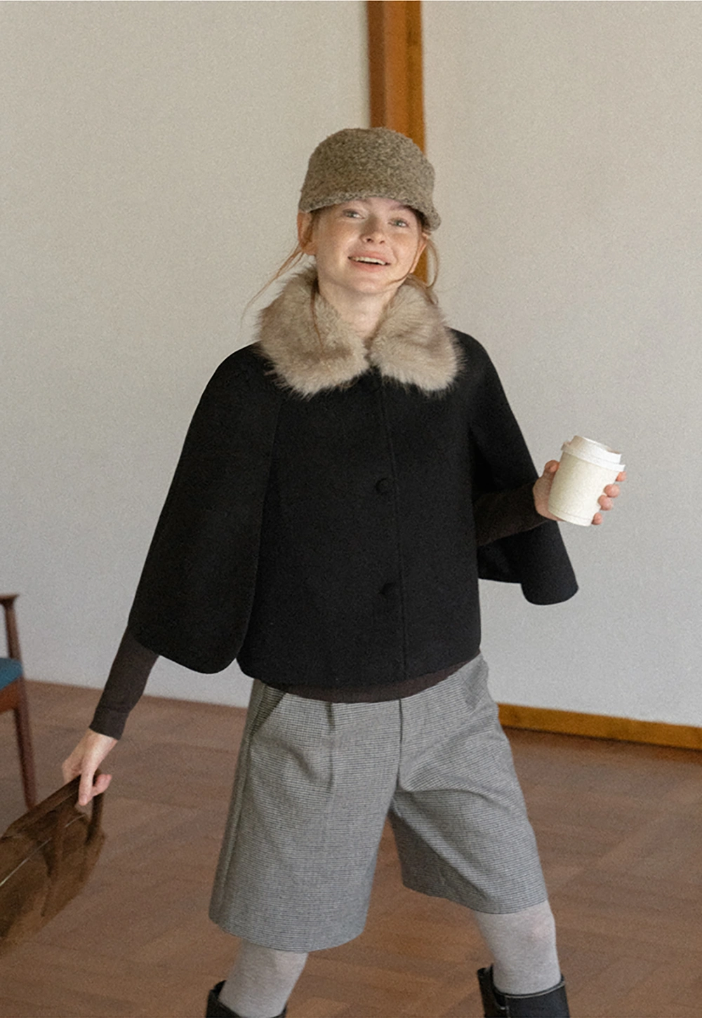 Faux Fur Trimmed Cape Wool Coat