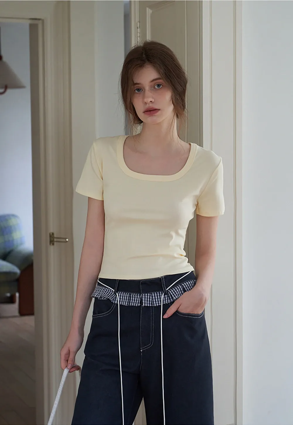 Women's Solid Square Neck Fitted T-Shirt And Tank Top