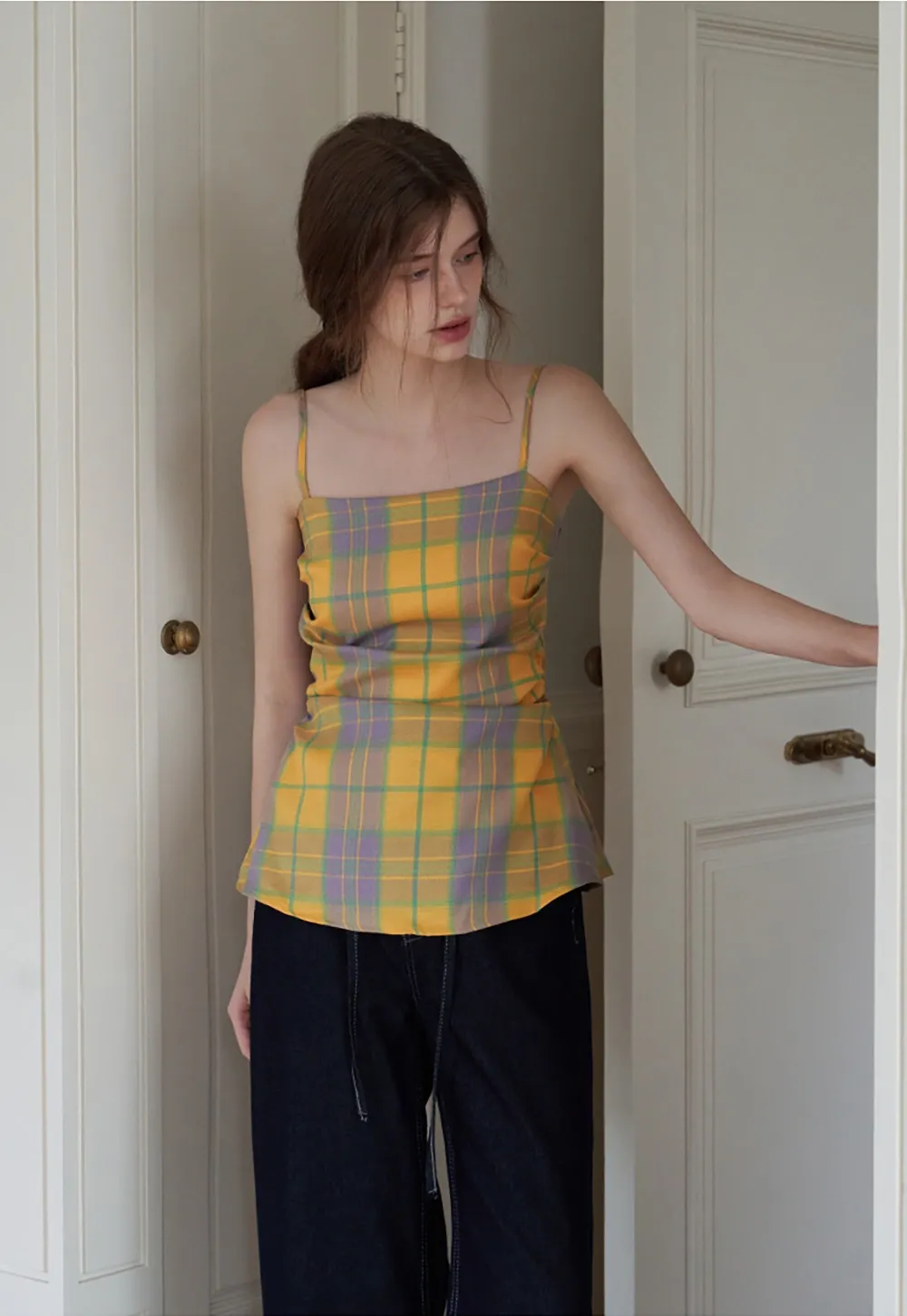 Women's Contrast Plaid Waist-Cinching Cami Top