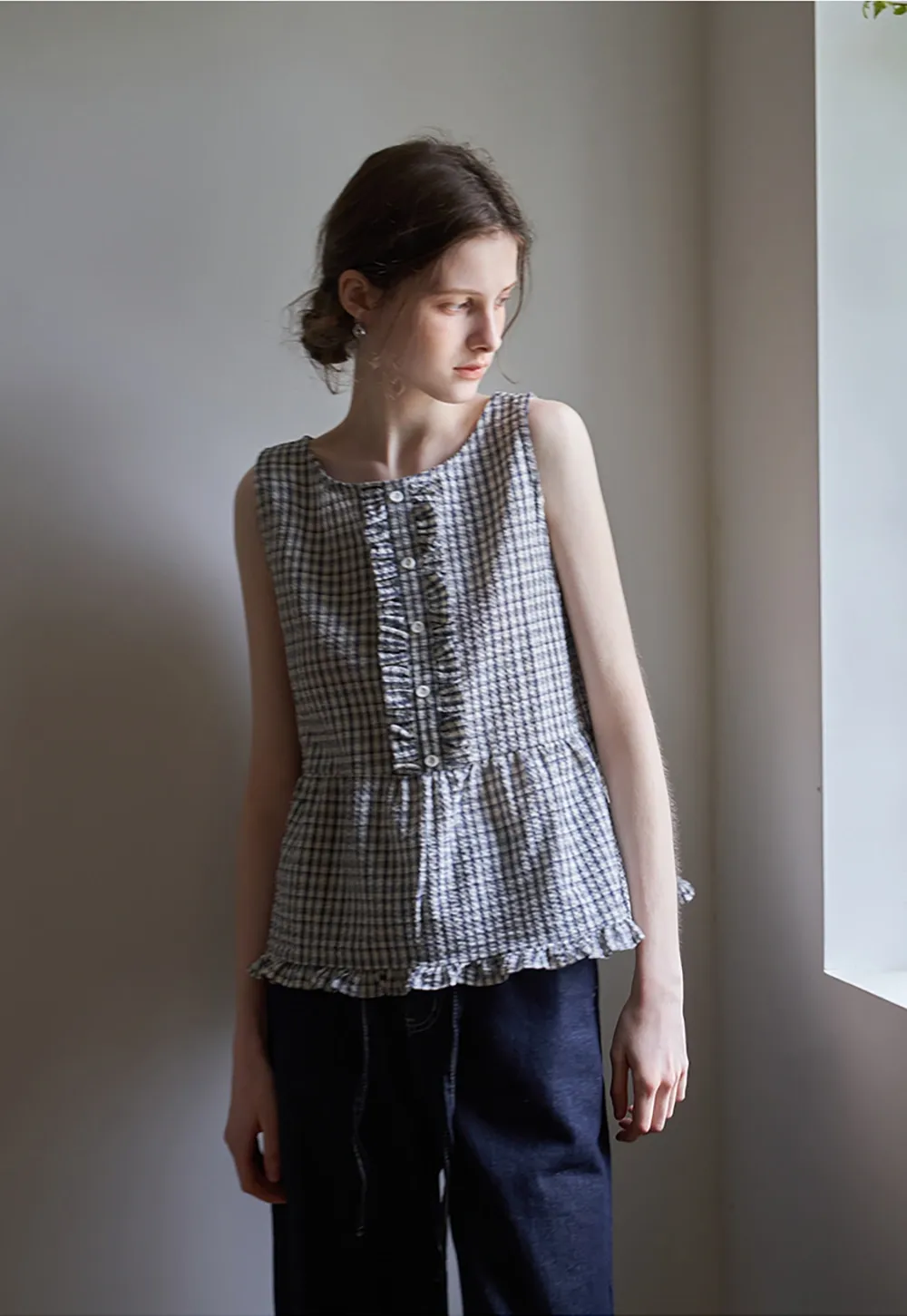 Vintage Gingham Sleeveless Blouse