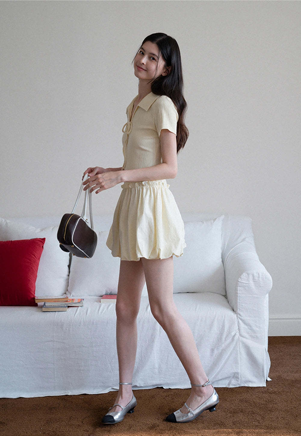 Women's Collared Knit Dress with Bow Tie and Ruffle Hem