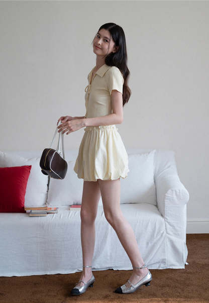 Women's Collared Knit Dress with Bow Tie and Ruffle Hem