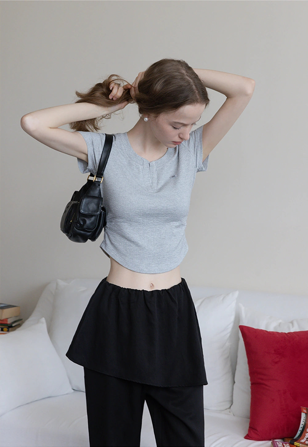 Waffle Knit Notch Neck Fitted T-Shirt
