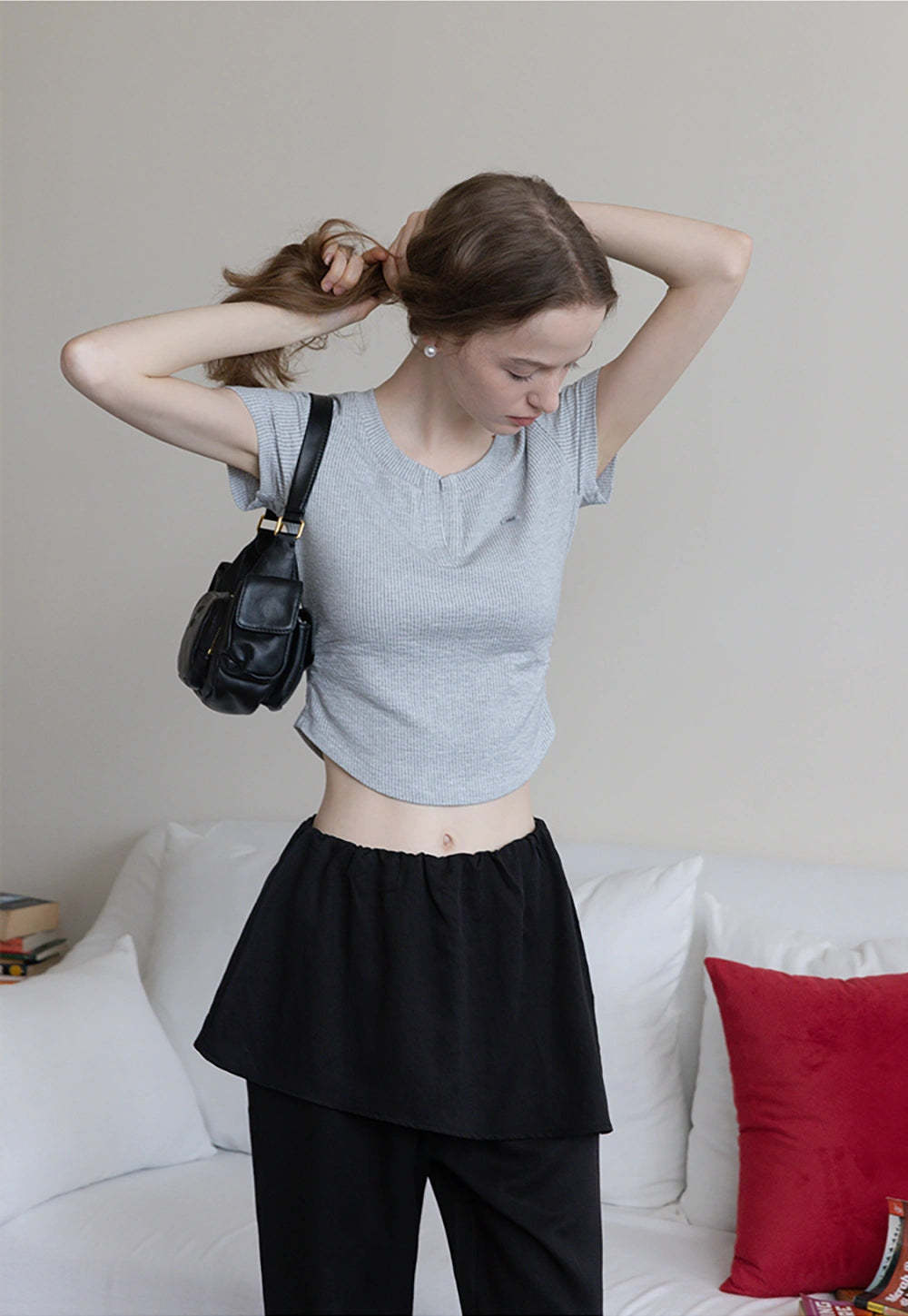 Waffle Knit Notch Neck Fitted T-Shirt