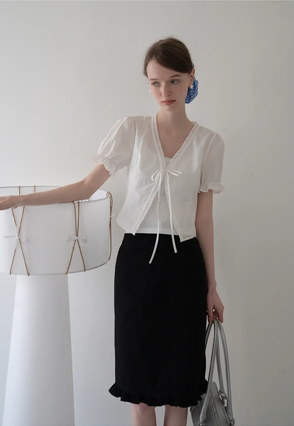 Eyelet Trim Puff Sleeve Tie-Front Blouse