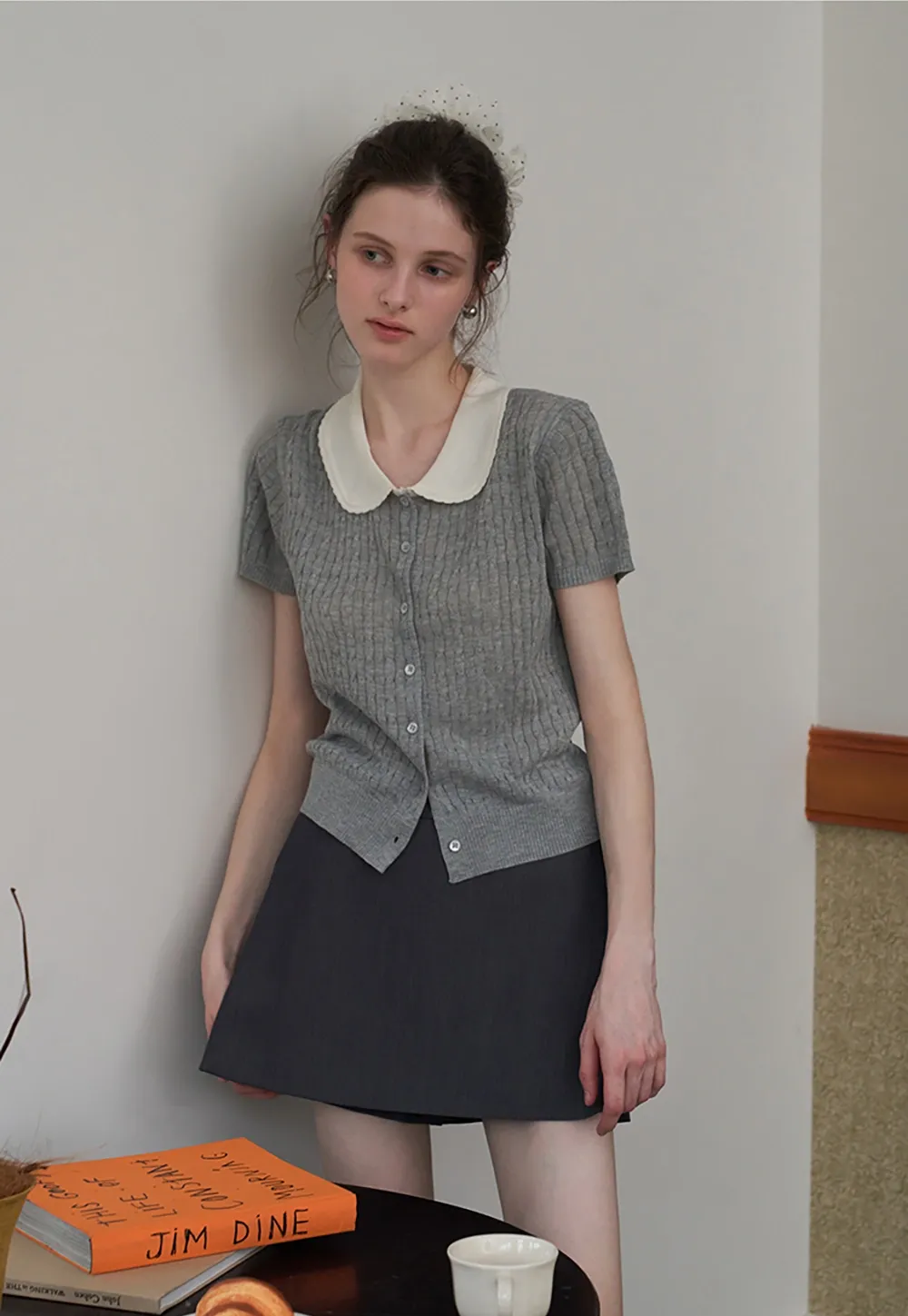 Women's Contrast Peter Pan Collar Cable Knit Cardigan