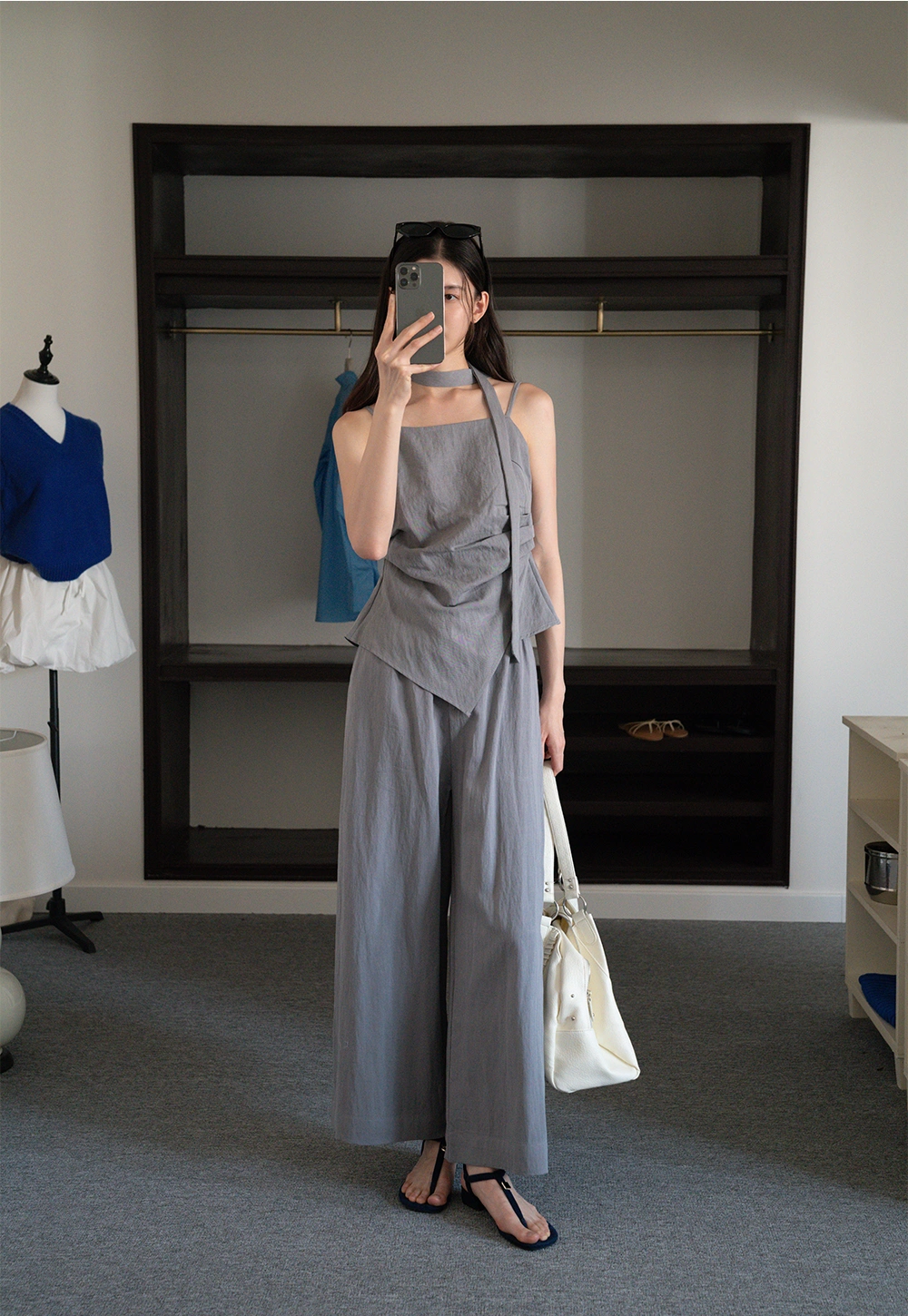 Women's 2 Piece Set – Asymmetrical Strap Top and Wide Leg Pants Outfit