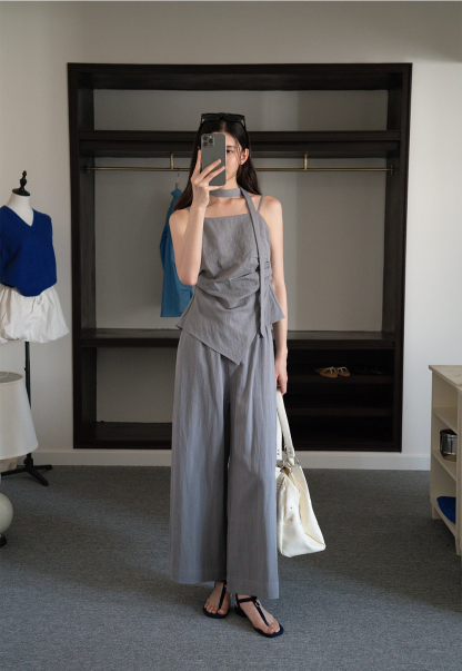 Women's 2 Piece Set – Asymmetrical Strap Top and Wide Leg Pants Outfit