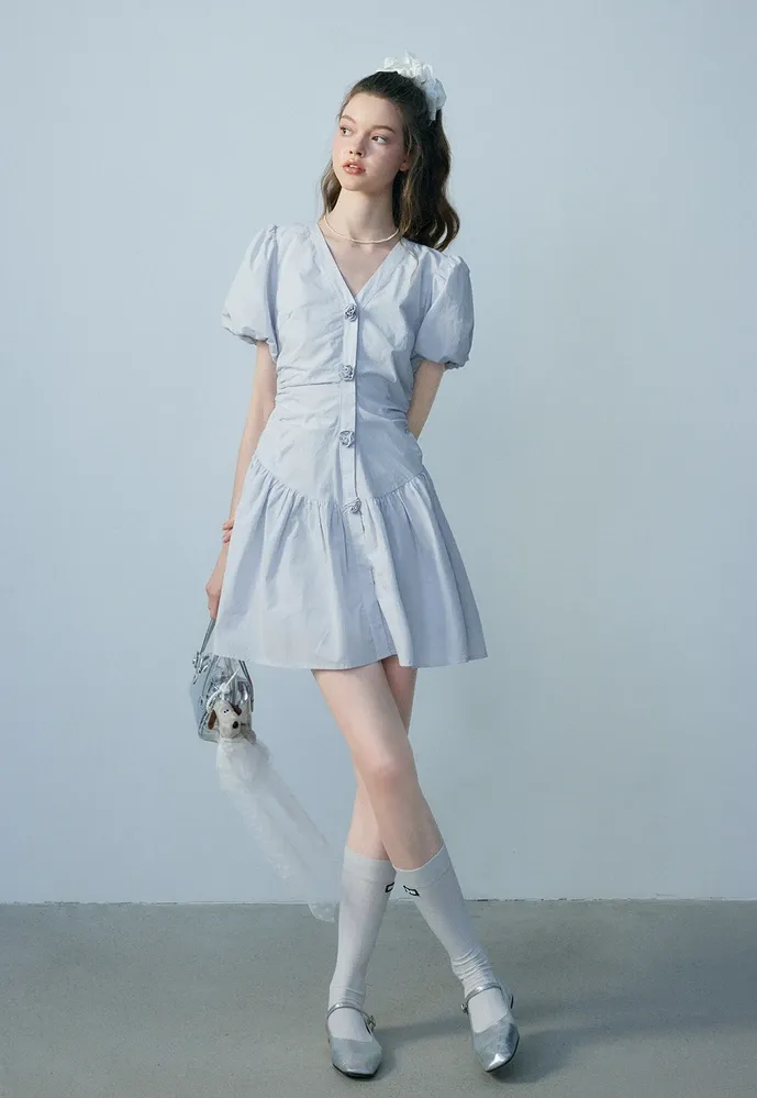Women's V-Neck Puff Sleeve Mini Dress