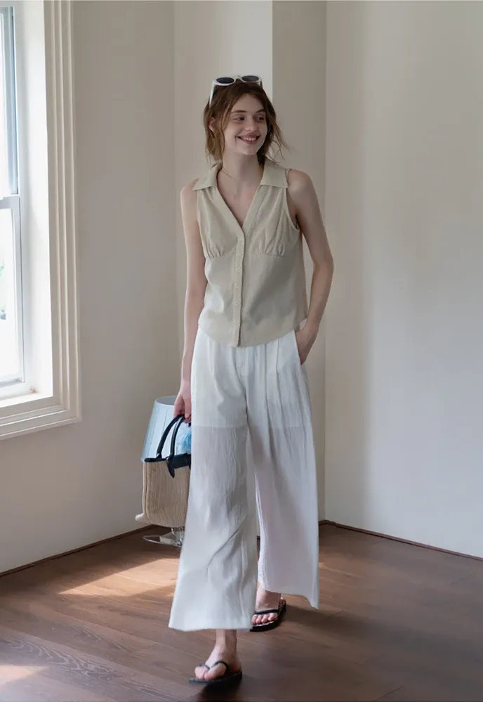 Women’s Linen Collared Button-Front Sleeveless Top
