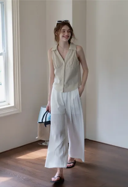Women’s Linen Collared Button-Front Sleeveless Top
