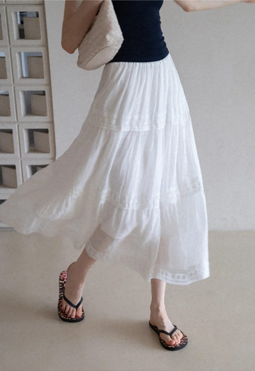 Tiered Embroidered Midi Skirt
