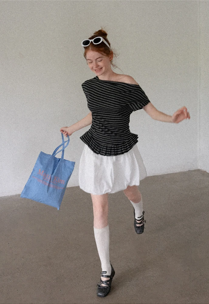 Women’s Striped Asymmetric Ruffle-Hem Tee