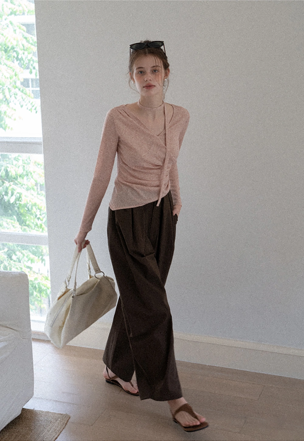 Asymmetrical rap-front draped knit top